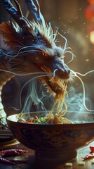 Curious dragon slurping spicy ramen, steam swirling around - obrazy, fototapety, plakaty