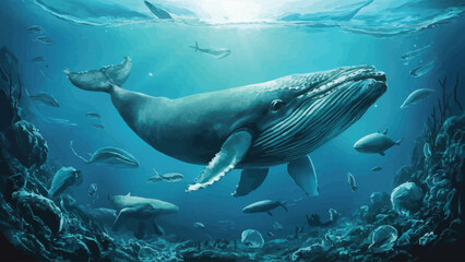 Naklejka premium Submerged Capture: Whale and Marine Life Glide Through Ocean Depths