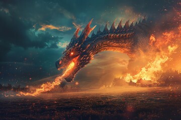 A firebreathing dragon terrorizing a peaceful village