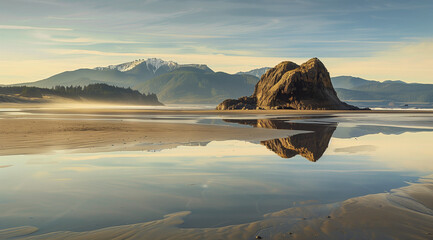 Hayman Rock at Canon Beach, ripples and reflections in the water - obrazy, fototapety, plakaty