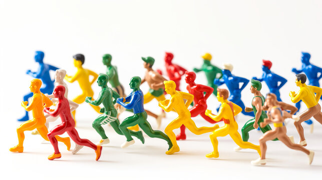 A group of miniature figurines depicting a colorful team of runners in mid-race on a white background.