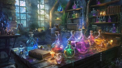 Dragon crafting potions, each vial a promise of wonder