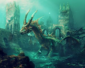 Fototapeta na wymiar Dragon exploring underwater ruins, a quest for lost treasures