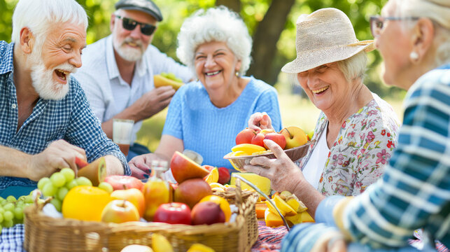 Group of seniors enjoying a picnic outdoors with a spread of fruits and homemade dishes on a sunny day. - Powered by Adobe