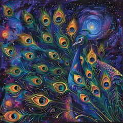 Peacock feathers, each eye spot a window to a different cosmic event, in vibrant 2D