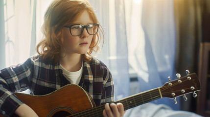 Teenager practicing guitar in bedroom