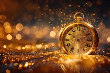 Golden Countdown to New Year's Eve. Elegant Clock on Sparkling Background for Festive Invitation Card and Happy New Year's Concept - obrazy, fototapety, plakaty