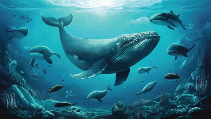 Submerged Capture: Whale and Marine Life Glide Through Ocean Depths