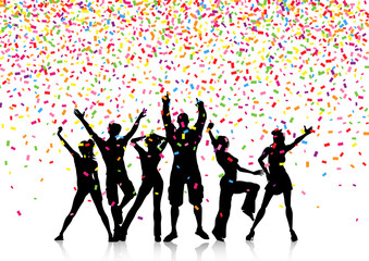 silhouettes of party people on a confetti background 