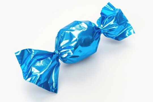 Isolated Blue Candy Wrap with Glossy Effect. White Sweet Delight in Blue Foil Wrapper