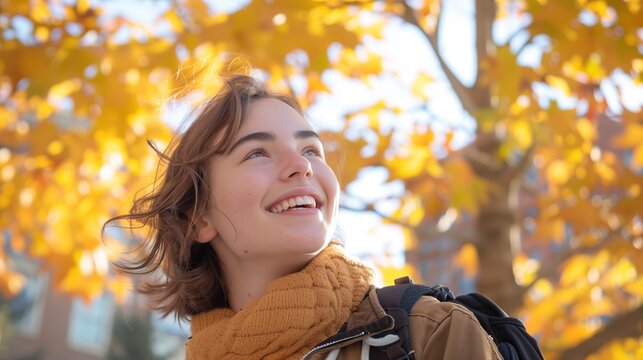 A candid shot of a college student smiling on campus during golden hour, evoking a sense of nostalgia and optimism, real photo, stock photography  ai generated high quality images