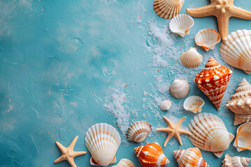 Marine background with sea shells, starfish and salt, travel vacation concept