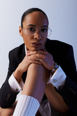 A stylish young African American woman in a suit and glasses posing confidently for a portrait.
