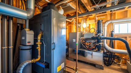 Newly installed high-efficiency furnace in a residential utility room with clearly labeled pipes and connections.