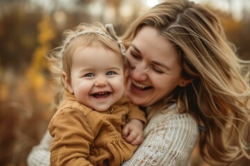 Fototapeta na wymiar close up portrait mother holding a toddler, both laughing, casual clothes, candid, Mother's Day