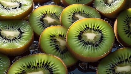 Ice cubes and kiwi slices on a white background.Beautiful summer background.Ai generative