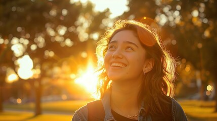 A candid shot of a college student smiling on campus during golden hour, evoking a sense of nostalgia and optimism, real photo, stock photography  ai generated high quality images