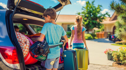 Family packing car trunk with luggage for summer vacation road trip during sunny day outside suburban home.