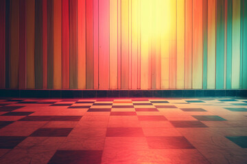 Colorful wooden panels and checkered floor with warm lighting - 777307709