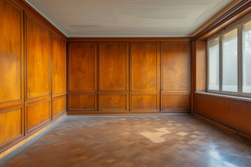 Traditional wooden wainscoting in empty retro room with herringbone floor - 777307782