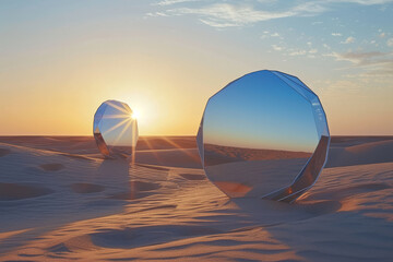 Two reflective polygons on sandy dunes during sunrise - obrazy, fototapety, plakaty