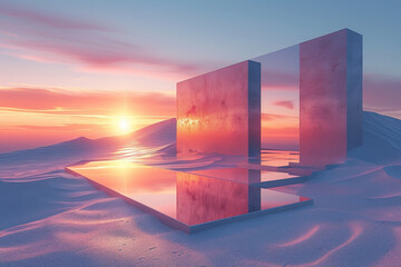 Minimalist concrete structures with sunset reflection in desert - 777307901