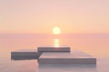 Sun softly setting over minimalistic sea platforms - 777307908