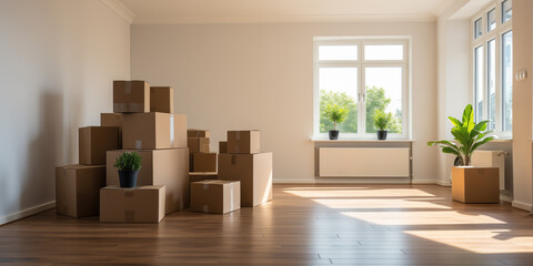 Stacked cardboard boxes in a spacious room - obrazy, fototapety, plakaty