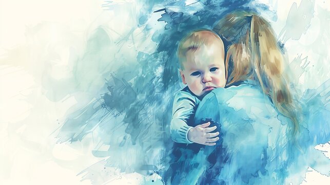 watercolour illustration of a mom carrying her baby in her arms