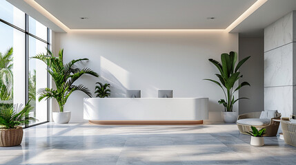 Front desk background, white minimalist --ar 16:9 --stylize 750