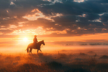 Person riding horse on sunset with copy space - obrazy, fototapety, plakaty