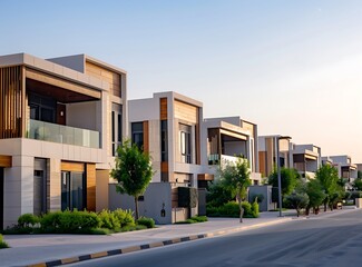 A row of modern townhouses in Dubai, white and beige colors, with wooden accents on the facades, stands along an empty street against the background of blue sky