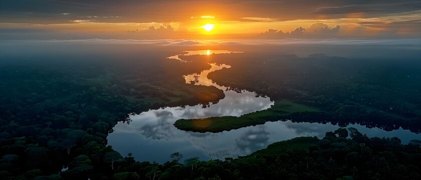Aerial view of sunset over Dora Creek Tortuguero National Park Costa Rica. Concept Aerial Photography, Sunset Views, Dora Creek, Tortuguero National Park, Costa Rica