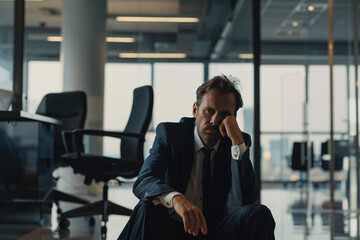 Sad businessman sitting in modern office - obrazy, fototapety, plakaty