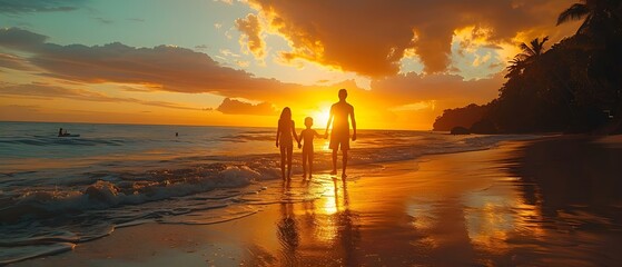 Family enjoys Costa Rican beach vacation with stunning sunset in Central America. Concept Beach Vacation, Costa Rica, Sunset Photoshoot, Family Pictures, Central America - obrazy, fototapety, plakaty