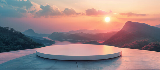 sunset scene with side view of empty white podium, minimalism - obrazy, fototapety, plakaty