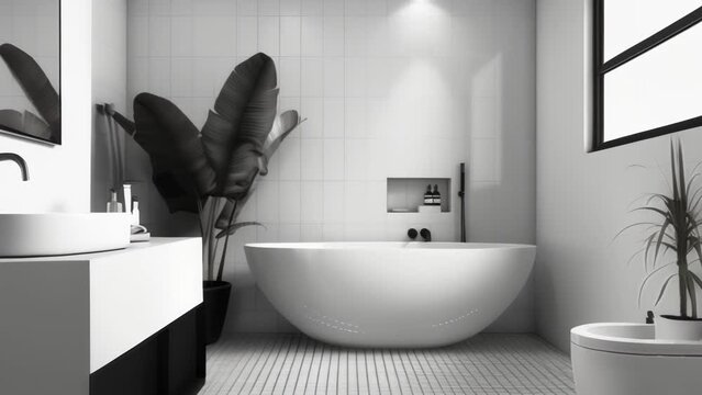 This monochromatic bathroom is free from clutter featuring only necessary essentials in shades of black and white. . .