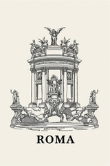 Minimalist ROMA poster with Trevi Fountain line drawing.
