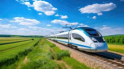High-speed train traveling through vibrant countryside