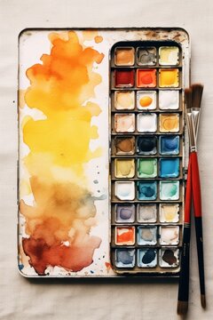 Watercolor paints and brushes on a stained palette with abstract art