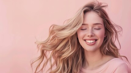 Fototapeta premium A radiant young woman with meticulously groomed blonde hair smiling against a soft, pastel backdrop, evoking feelings of serenity and contentment, real photo, stock photography