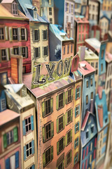 Lyon in paper doll chain with tourist motifs and buildings. - obrazy, fototapety, plakaty