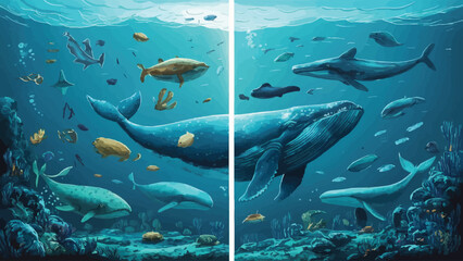 Obraz na płótnie Canvas Submerged Capture: Whale and Marine Life Glide Through Ocean Depths