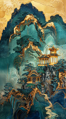 Fototapeta premium Chinese embroidery craft of a golden-blue-green mountain with pavilions and trees, gilding, flowing liquid gold, minimalist color field