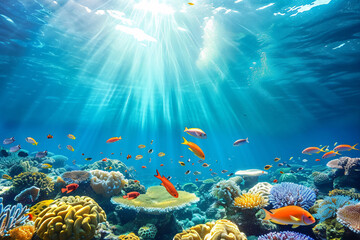 Tropical sea underwater with fishes on coral reef