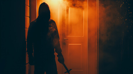 Silhouette of an individual with obscured face standing in the mist holding a lockpick set beside a door at dusk.