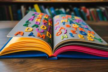 Child's open book with alphabet for learning to read.
