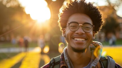 A candid shot of a college student smiling on campus during golden hour, evoking a sense of nostalgia and optimism, real photo, stock photography  ai generated high quality images - obrazy, fototapety, plakaty