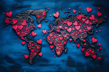 World map filled with red hearts for Valentine's Day.