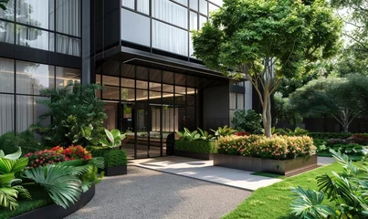 Foto op Canvas Modern building entrance with lush green plants and flowers © piai